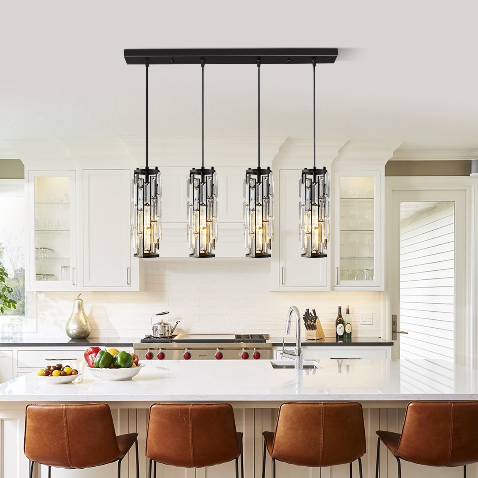 Mini Crystal Chandeliers Adjustable Pendant Light Modern Black Pendant Light Fixture for Living Room, Dinning Room, Kitchen Island and Bedroom(4-light)