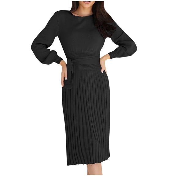 Cyber**Monday ChaoHeng Fall Dresses for Women Women's Pleated Midi Sweater Dress with Belt,Long Sleeve Round Neck Knee-Length Dress
