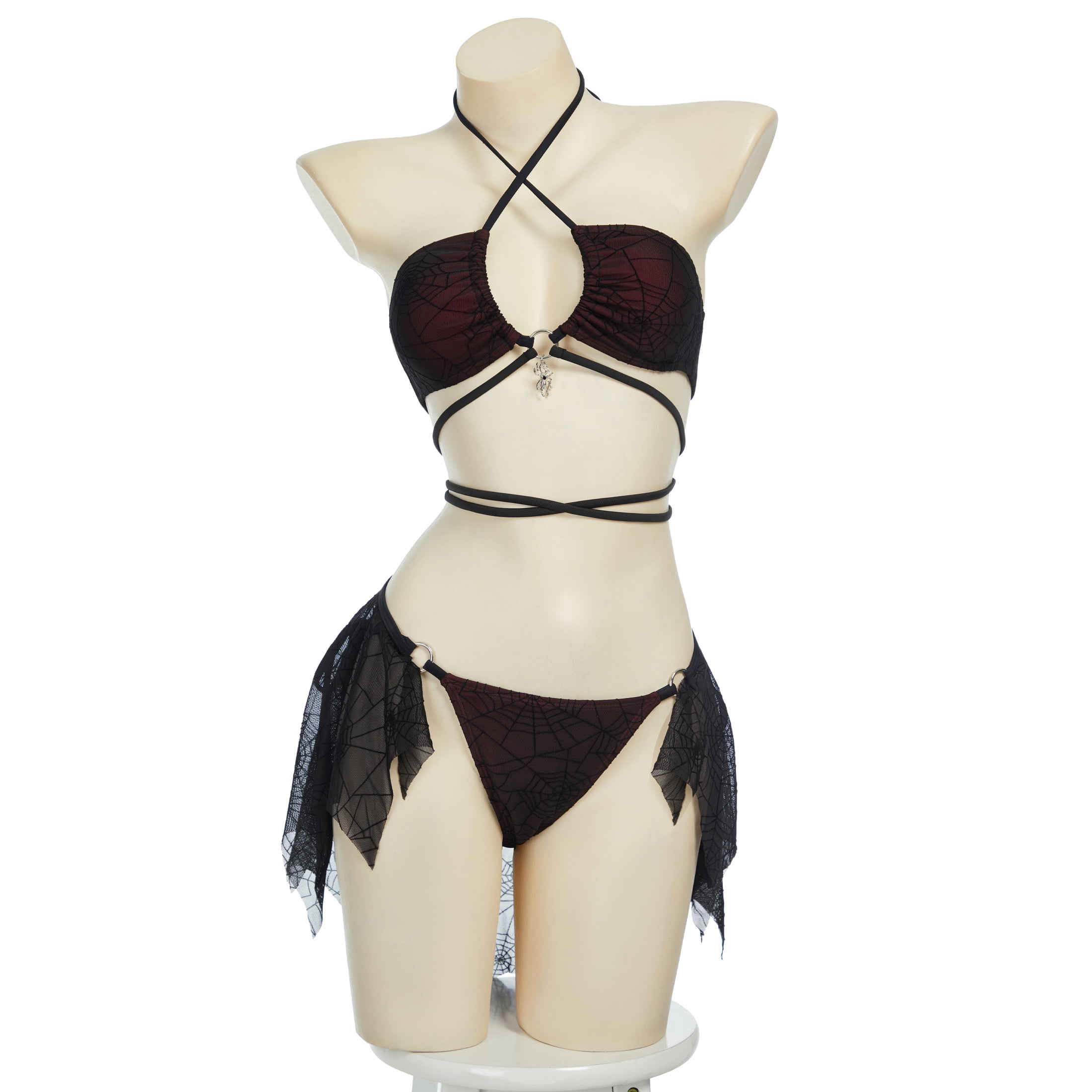 Goth Bikini Sets for Women Spider Web Pattern Swimsuit Two Piece Bathing Suit, Dark Red, M - image 2