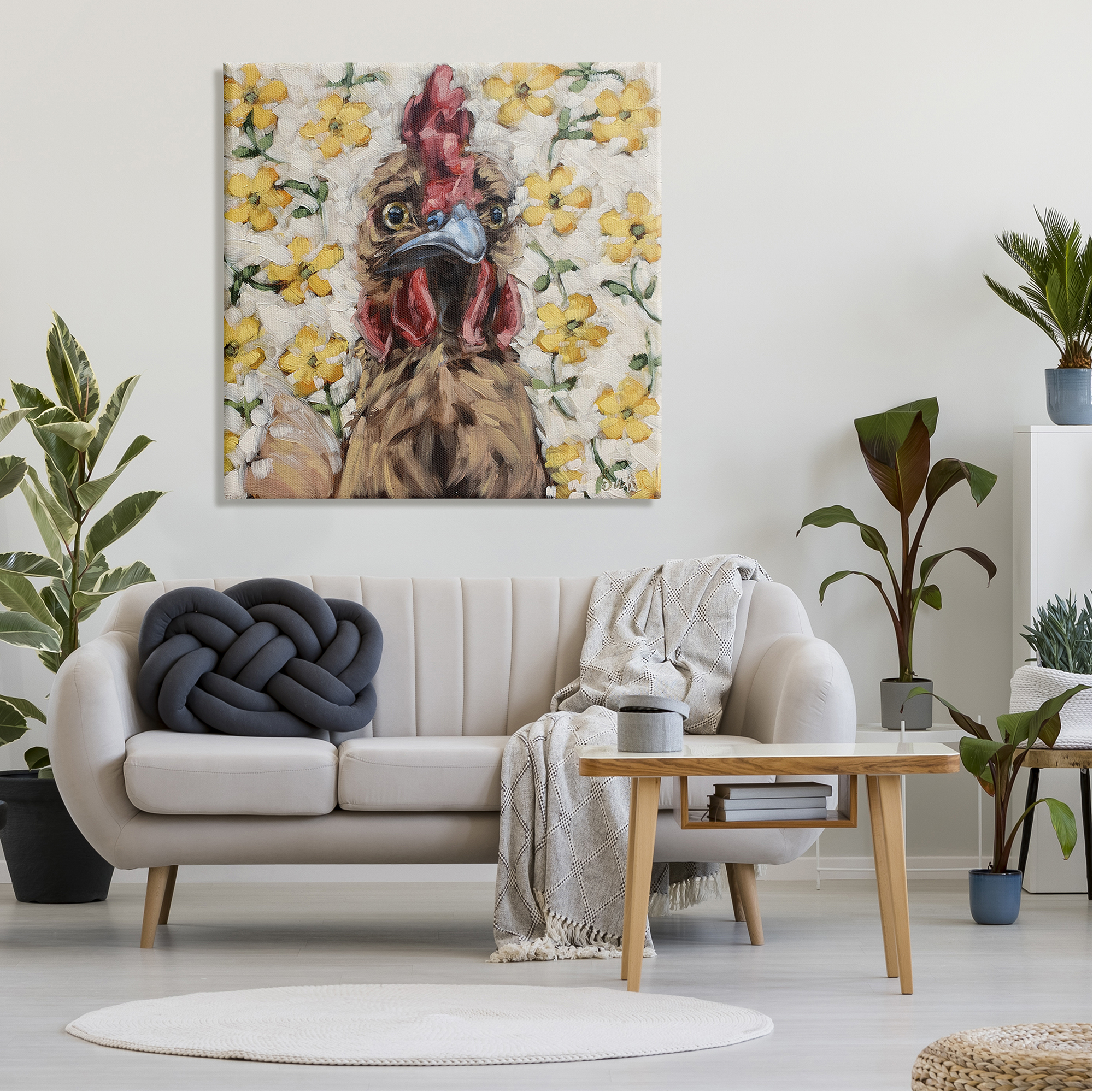 Stupell Farmhouse Chicken Yellow Flower Pattern Animals & Insects Painting Gallery Wrapped Canvas Print Wall Art