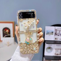 Bling Case for Samsung Galaxy Z Flip 3 5G, Handmade 3D Glitter Sparkle Clear Crystal Diamond Case Shiny Rhinestone Flower Transparent Soft Silicone PC Cover for Girls Women - Gold