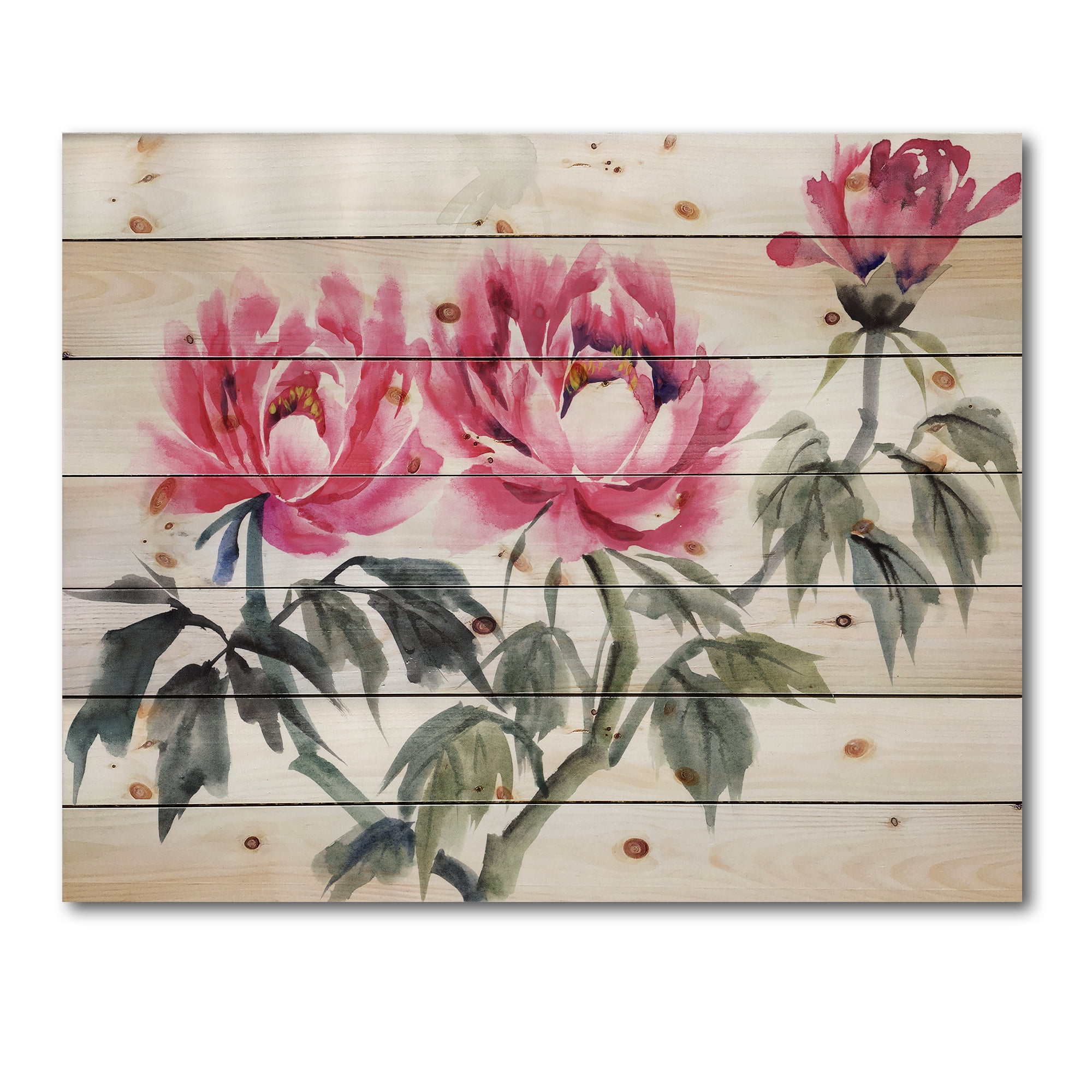 Designart 'Ancient Purple Peonies Branch' Traditional Print on Natural Pine Wood