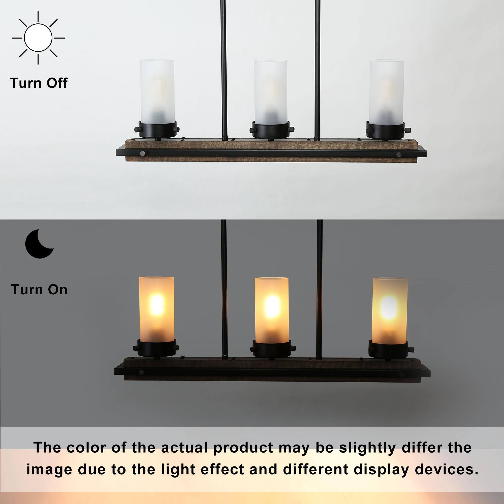 LNC Farmhouse Wood & Black 3-Light Linear Chandelier with Frosted Glass, Adjustable