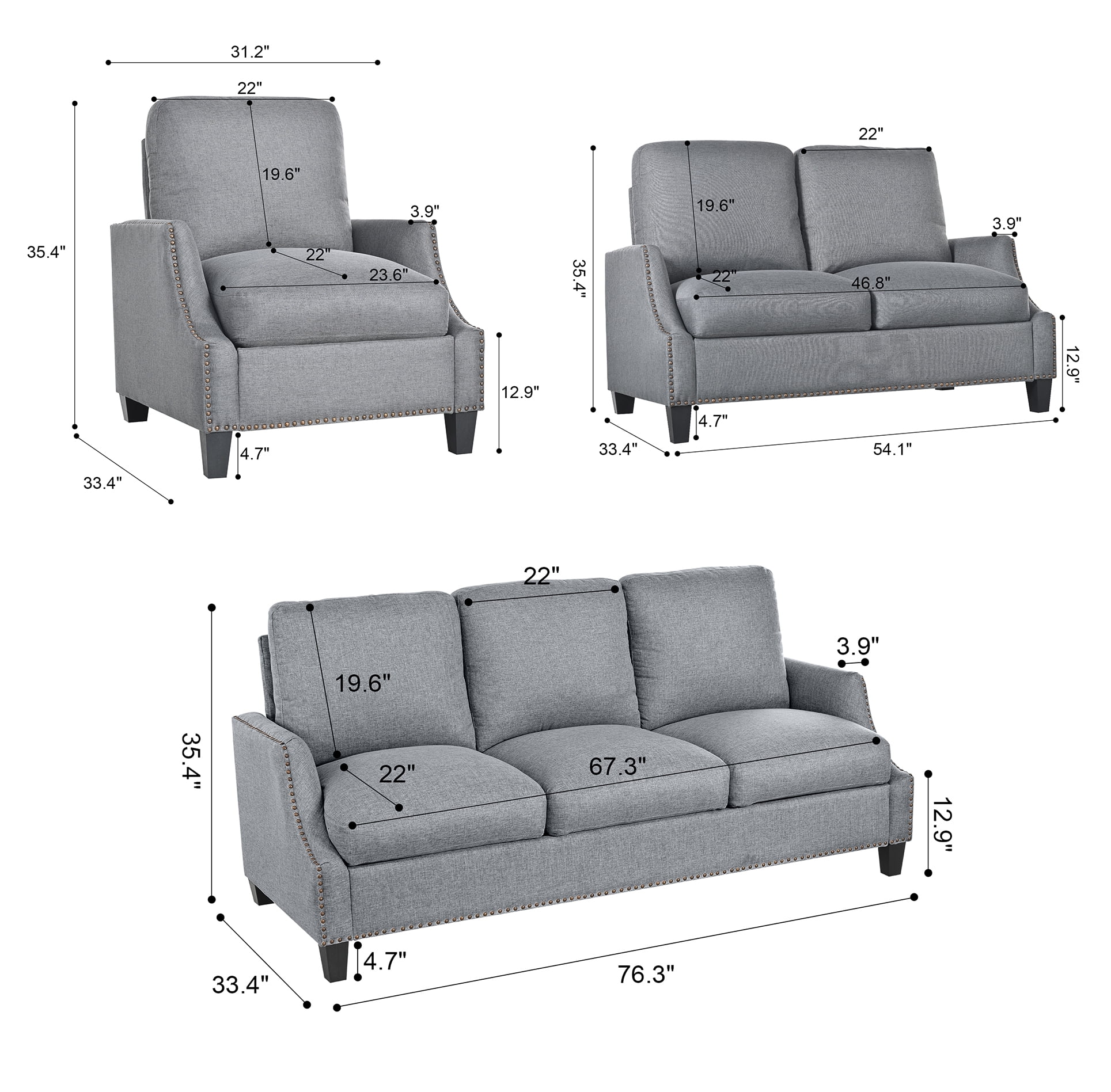 Aukfa 3 Piece Living Room Sofa Set, Modern Upholstered Sectional Couch with 3 Seater Sofa, Loveseat and Armchair, Furniture Set, Gray