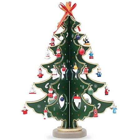 BestPysanky Wooden Tabletop Christmas Tree with 32 Miniature Christmas Ornaments 12.5