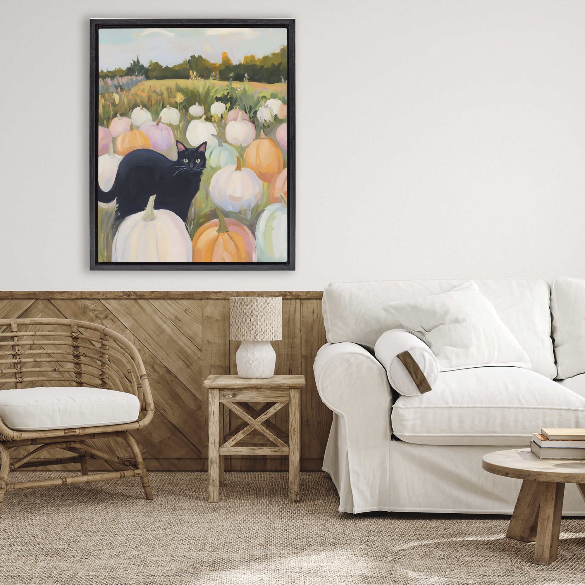 Stupell Industries Kitten & Pumpkins in Field Black Framed Floater Canvas Wall Art, design by The Prints Vibe