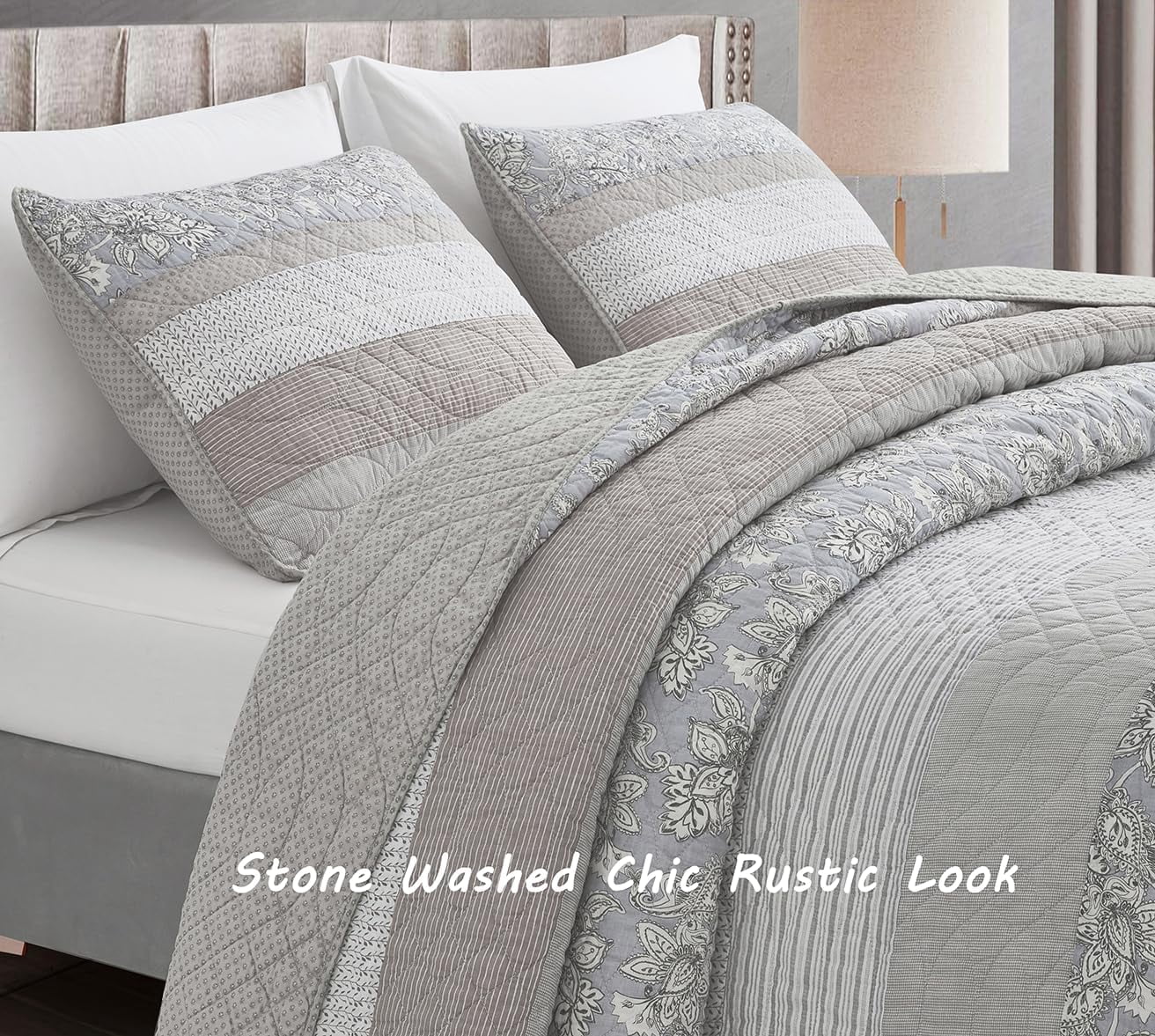 Chezmoi Collection 3-Piece Hibiscus Plaid Striped Patchwork Cotton Quilt Reversible Lightweight Bedspread Set, Super Wide King Size