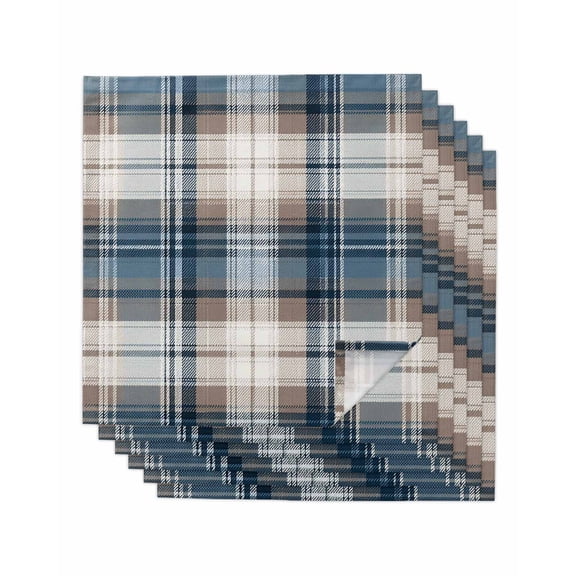 Blue Brown Plaid Cloth Napkins Set of 6 Reusable Dinner Napkins, Vintage Abstract Stripes Lattice Cocktail Napkin Washable Table Napkins for Wedding/Holiday Party/Baby Shower 20"x20"