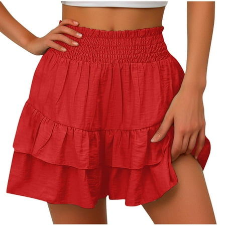 Tmtolofot Women s High Waisted Beach Shorts Sports Running Gym Workout Yoga Shorts Pants Ladies Teen Girl Summer Solid Color Hot Pants Cotton Linen Flower Leggings   1#Red   Large