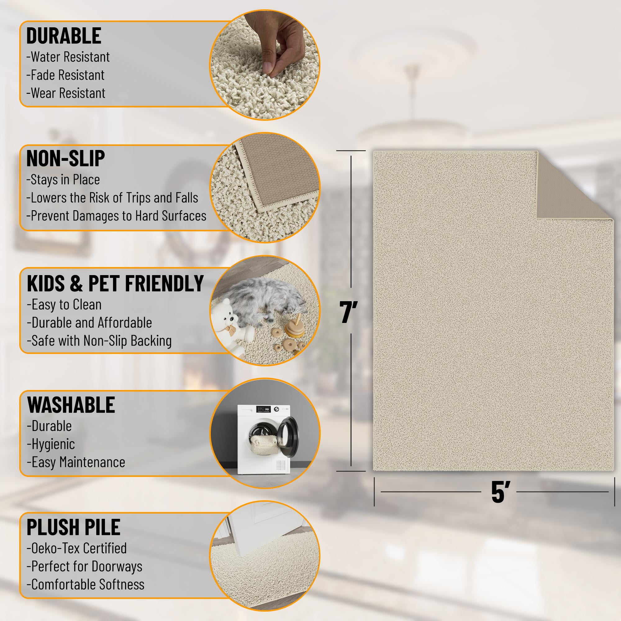 Sweet Home Stores Cozy Non-Slip Rubberback Solid 5x7 Soft Indoor Area Rug, 5' x 7', Cream