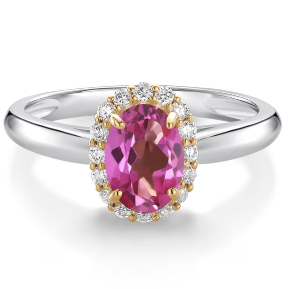 Gem Stone King 925 Sterling Silver and 10k Yellow Gold Pink Mystic Topaz and White Lab Grown Diamond Halo Engagement Ring for Women (0.93 Cttw, Gemstone, Oval 7X5MM, Size 7)