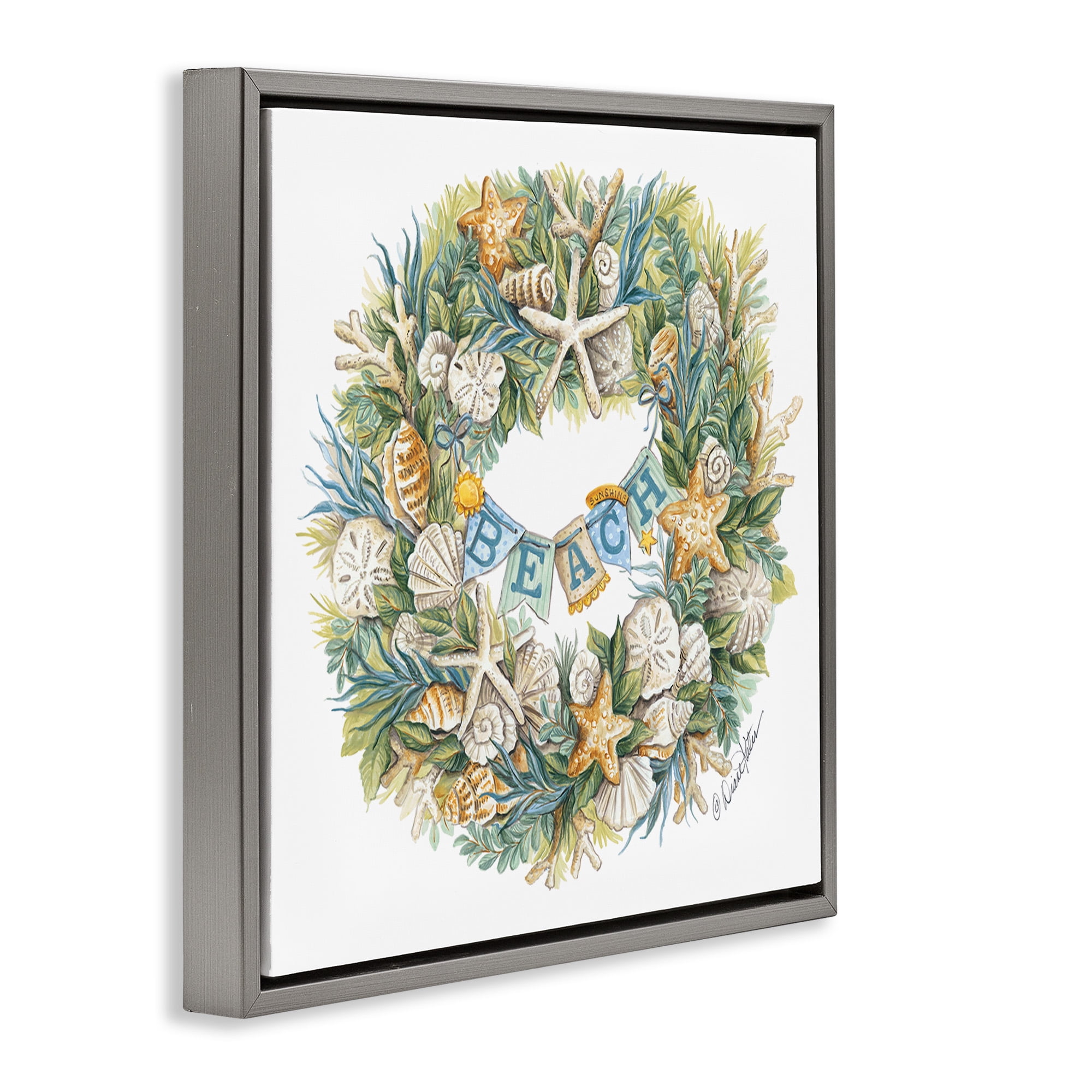 Stupell Industries Holiday Beach Seashell Wreath Holiday Painting Gray Floater Framed Canvas Art Print Wall Art, 18 x 18