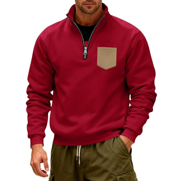 XIAONU Heavyweight Sweatshirt Half-Zip Stand Collar Pullover Top Casual Comfort Outdoor Sweatshirts Red XL