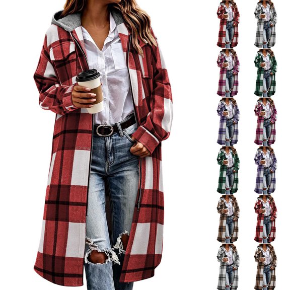Womens Casual Checkered Jacket Long Hooded Buffalo Plaid Shacket Zip Up Long Sleeve Lapel Collar Loose Oversized Plaid Coat Jacket