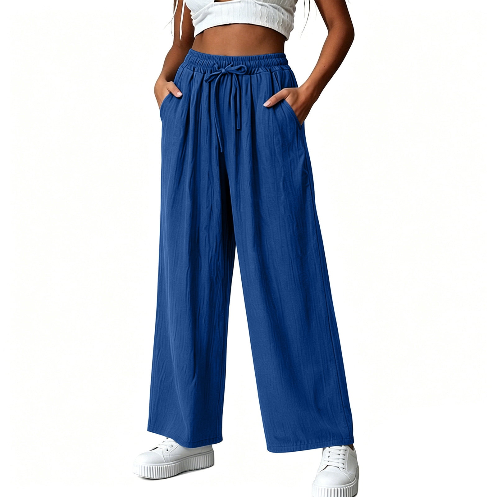 Loose Casual Drawstring Pants, Solid Color Elastic Waist Long Trousers, Women's Summer Loose Casual Solid Color Drawstring Pocket Pants