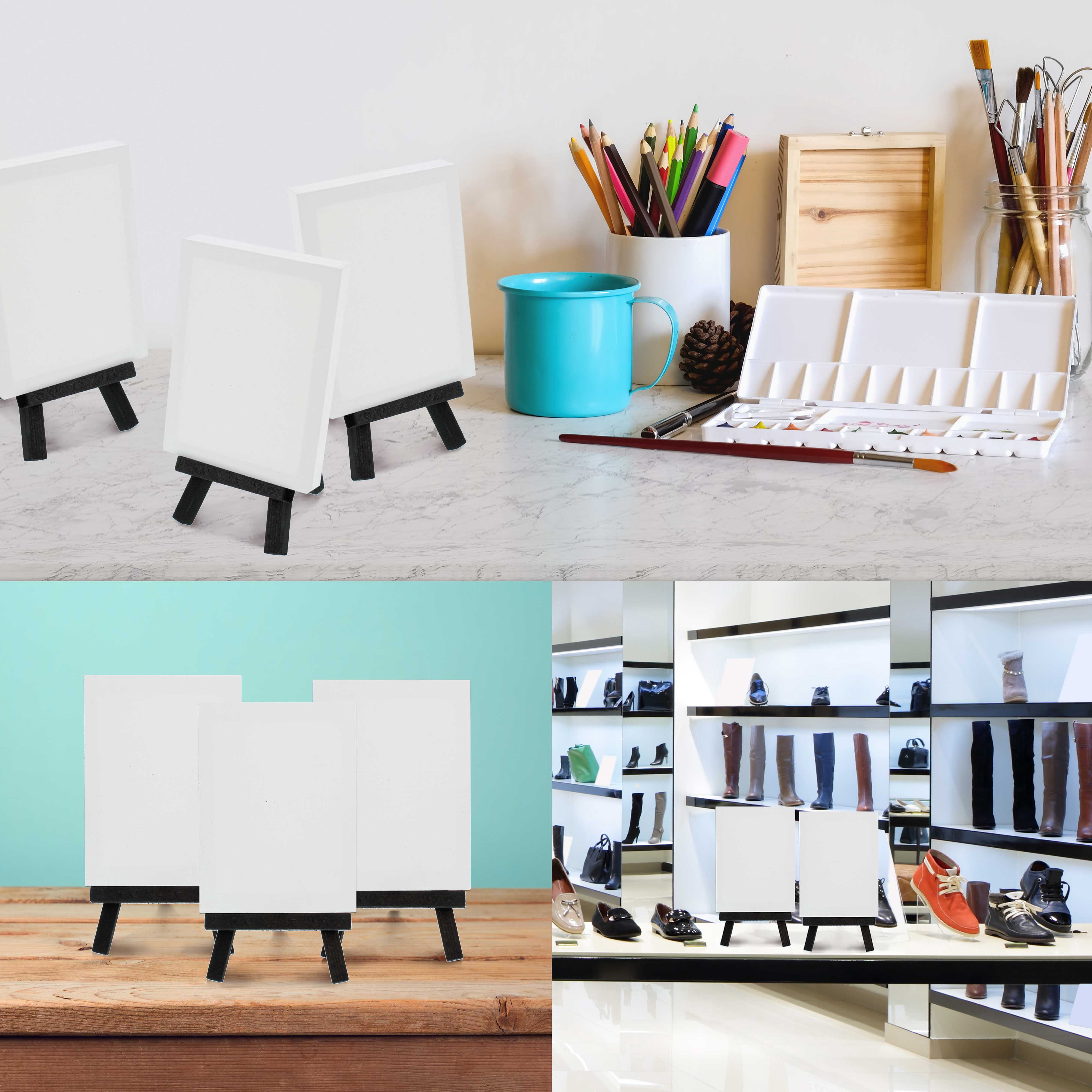 12 Pack U.S. Art Supply 3" x 4" Stretched Canvas with 5" Mini Black Wood Display Easel Kit, Artist Tripod Holder Stand