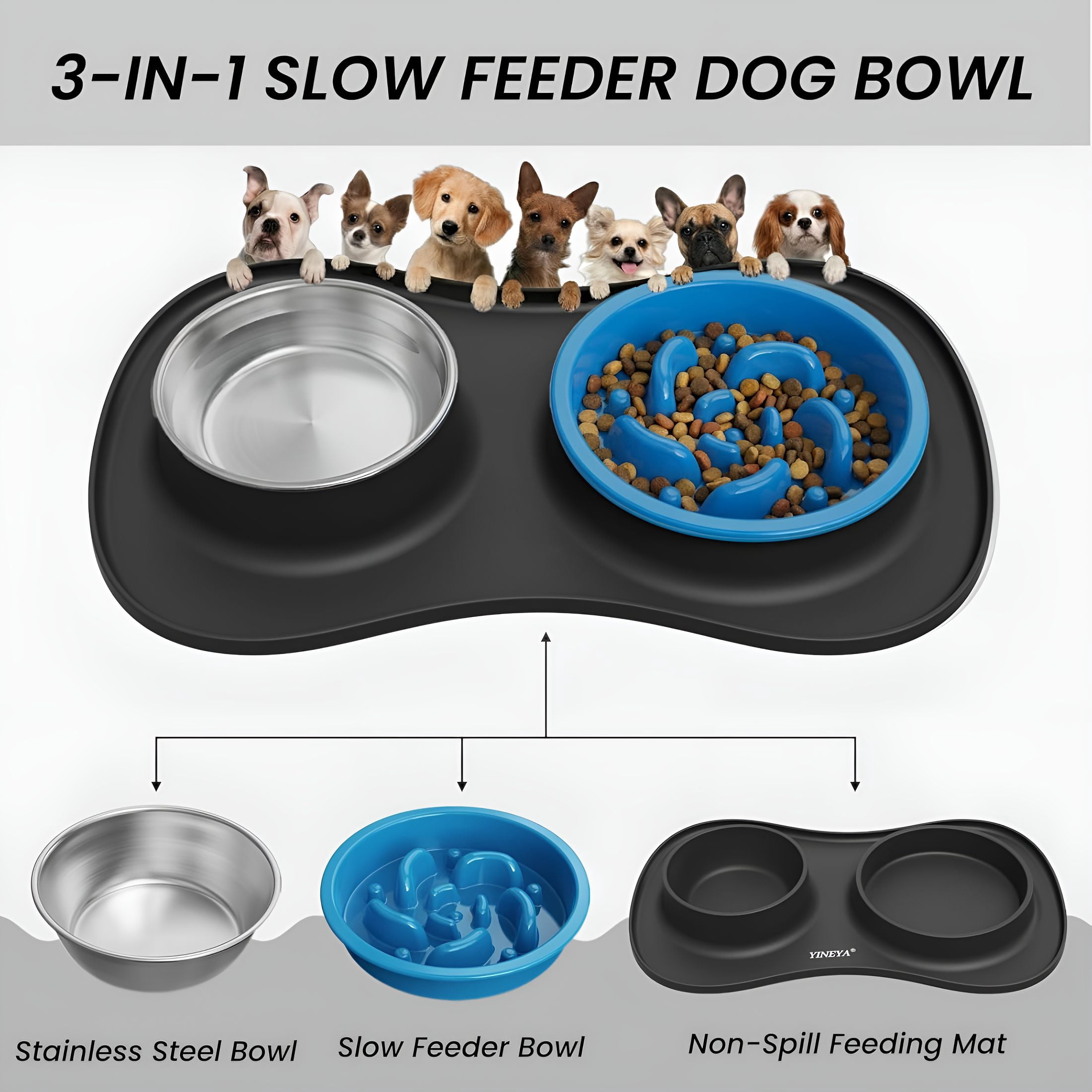 ACDANC Slow Feeder Dog Bowls Stainless Steel Food and Water Bowl Set 3 in 1 No Spill Waterproof Silicone Pet Food Mat Puppy Feeding Station for Large Medium Small Breed Non Slip Metal Dish Tray