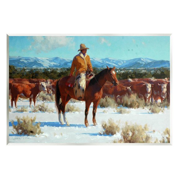 Winter Cowboy Cattle Landscape Animals & Insects Painting Unframed Art Print Wall Art