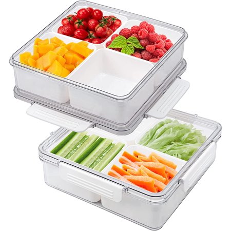 2 Pack Divided Veggie Tray with Lid, 4 Compartment Snack Box for Fridge, Freezer & Kitchen Storage