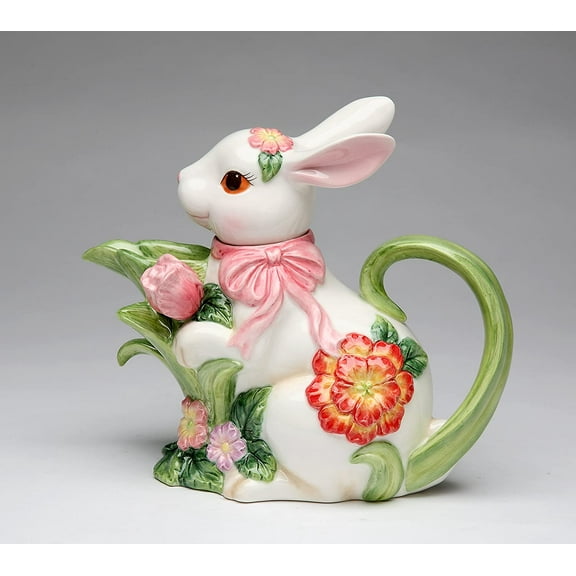 10445 Fine Ceramic Springtime Bunny Rabbit with Pink Tulip & Flowers Design Teapot,