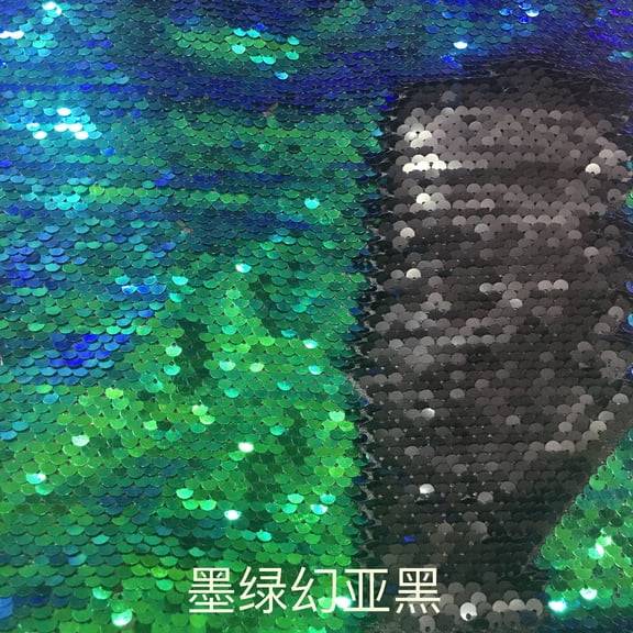 NAMZI 1.1 Yard x 51.2in Reversible Flip Sequin Fabric, Glitter Sparkly Mermaid Fabric for Sewing & Bridal Decor, Green Blue   Black