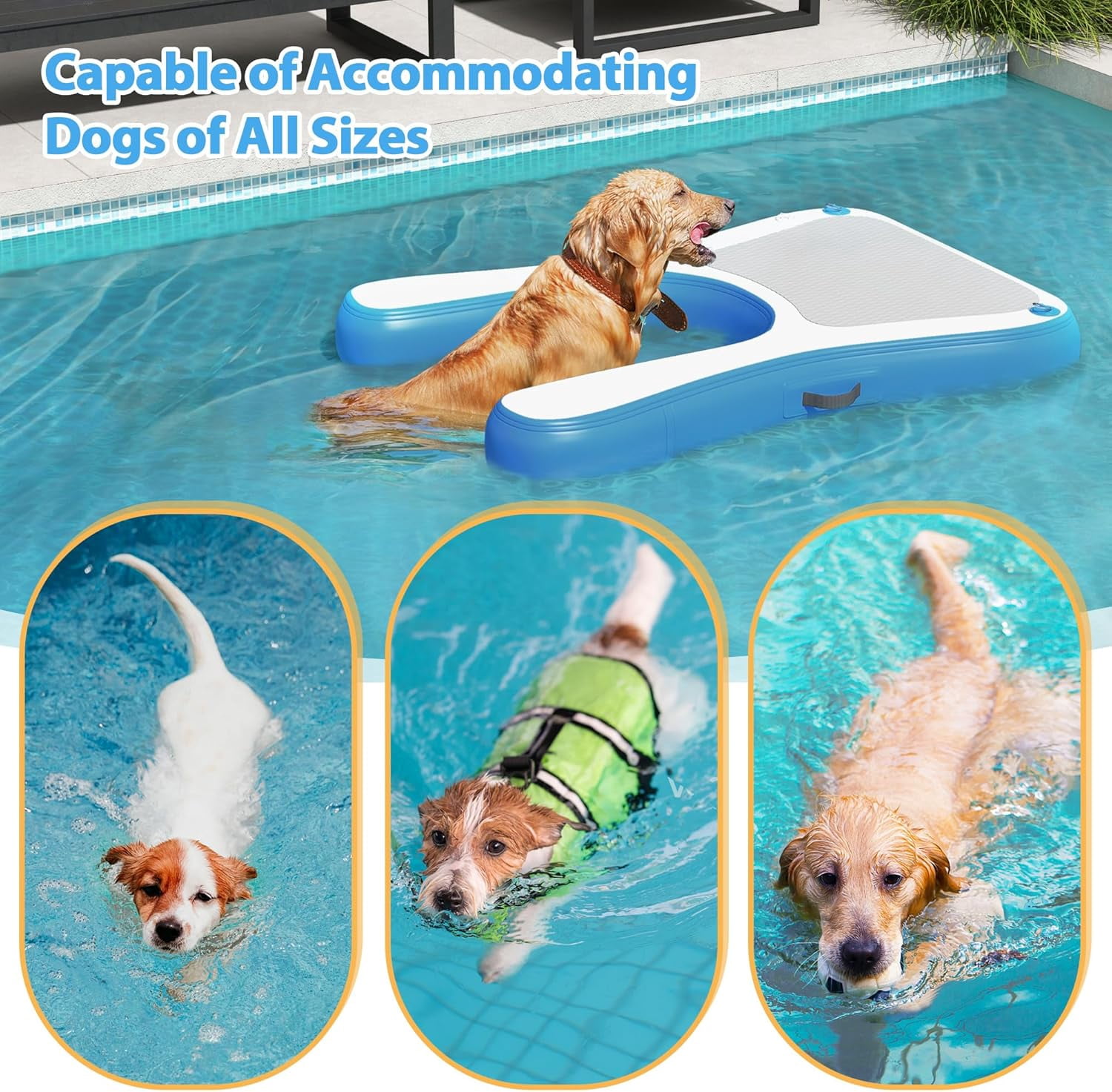 Blue Inflatable Dog Boat Ramp - Floating Dock Ladder for Pool/Lake, Non-Slip EVA Foam Platform Supports Up to 230 lbs - Portable & Easy Inflate/Deflate with 4 Steps & Handles