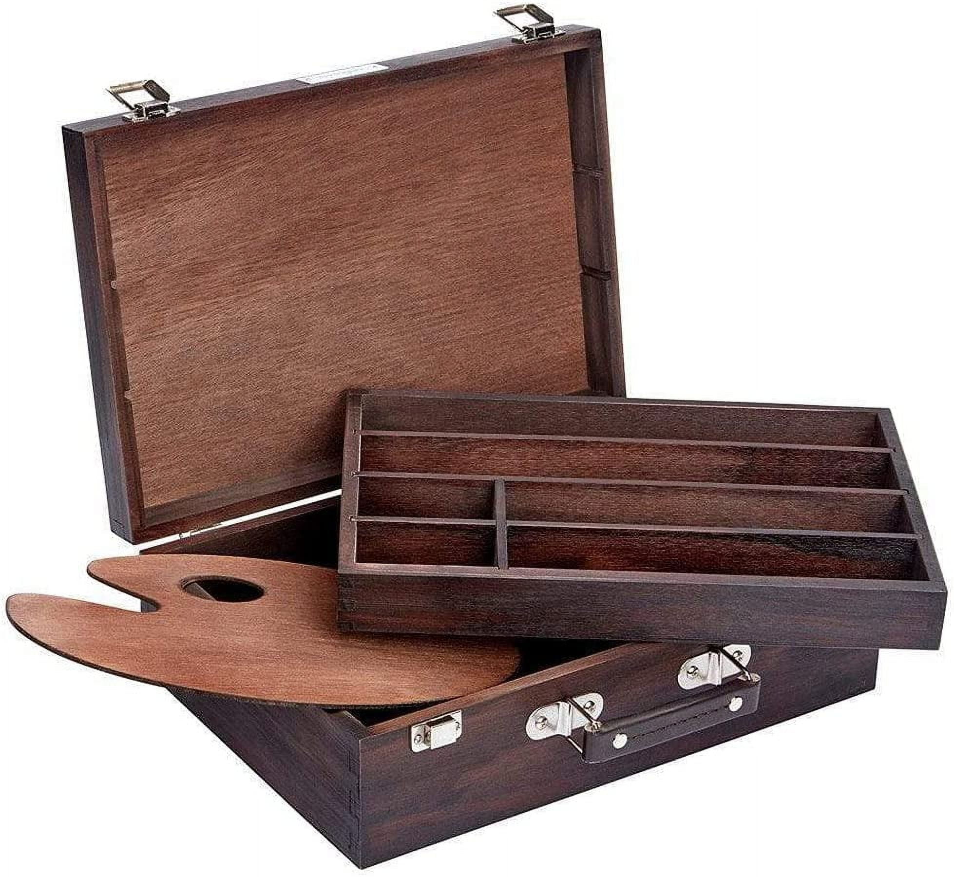 Wood Art Storage Box With Espresso Stain, 2-Tier Wood Case with 10 Dividers, Holds Markers, Paint, Brushes, Pencils, And More