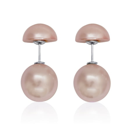 Sterling Silver Peach Colored Button Shell Pearl Front and Back Earrings - Trendy/Fashion Jewelry Gift for Women/Teens (8 - 16 mm)