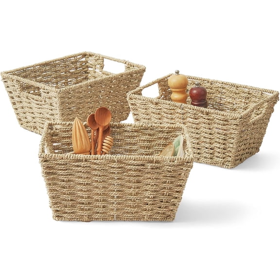 Artera Medium Wicker Storage Baskets - Woven Seagrass Basket for Organizing, Stackable Natural Storage Bins with Handles for Laundry Room, Bathroom, Pantry, Closet, Shelf, 12"x9"x6", Pack 3