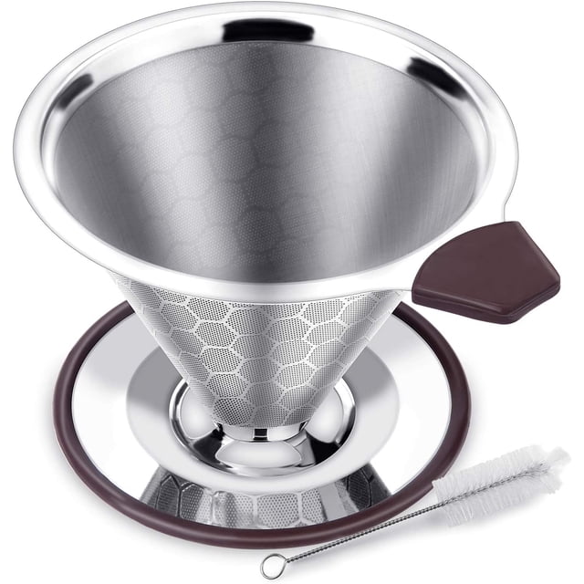FOXAS Pour Over Coffee Filter Dripper, Reusable Stainless Steel Metal Drip Coffee Maker Cone, Paperless Permanent Coffee Strainer, Coffee Mesh Filters for 1-4 Cup with Cleaning Brush