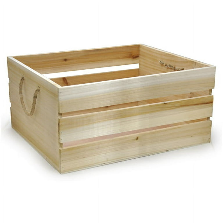 Natural Wooden Crate Storage Box with Rope Handles 15in