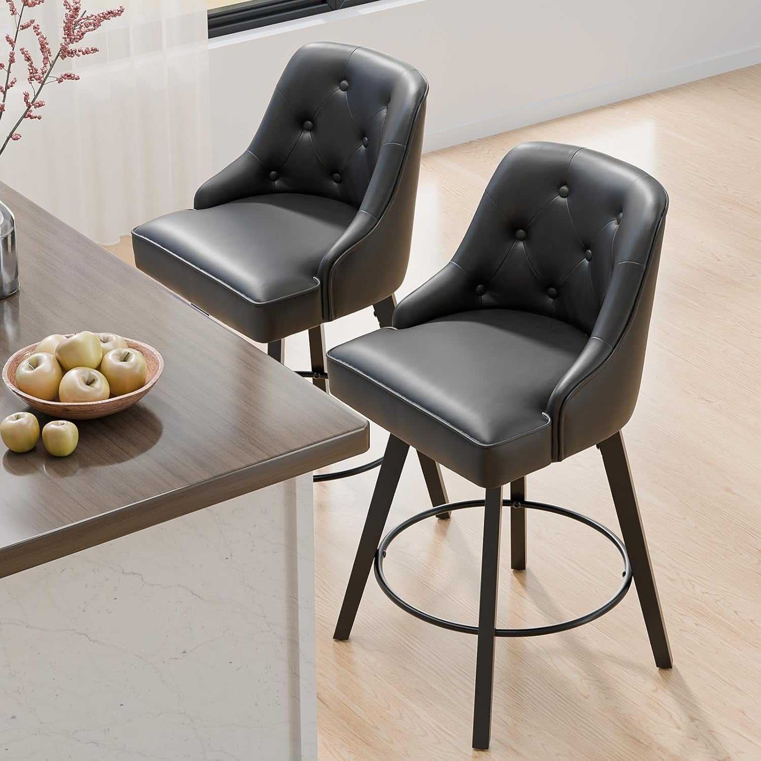 VINGLI 26" H Swivel Barstools Set of 2, Linen Fabric Upholstered Counter Stool with Back, Kitchen High Chairs Counter Height Bar Stools with Cushion, Solid Wood Legs, Beige