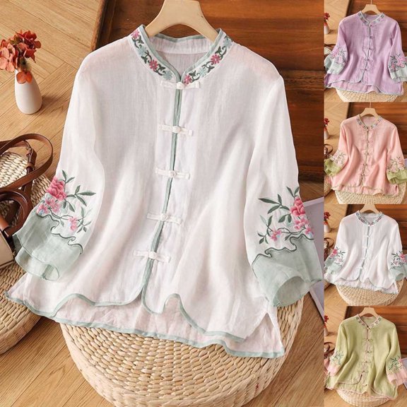FRSASU Womens embroidered round neck imitation cotton Tops 3/4 Sleeve Shirts Round Neck Loose Casual Blouses Solid Color Tshirts White