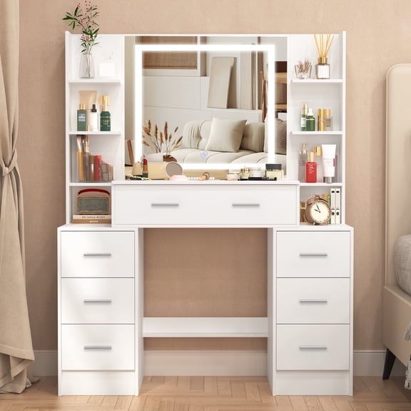 Teousev White Vanity Desk with Lighted Mirror, 7 Drawers, Modern Makeup Table for Bedroom