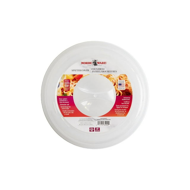 Clear NordicWare microwave splatter cover with red and white label highlighting dishwasher safe, vented design, durable construction, and American made