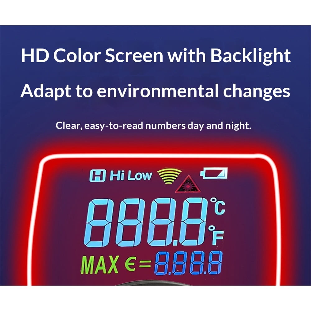 Infrared Thermometer Gun, Laser Thermometer GunNon-Contact Temperature Gun with Adjustable Emissivity&Color Backlight-50℃~600℃（Color screen design）