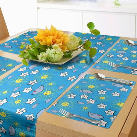 

Sky Table Runner & Placemats Abstract Stars Celestial Bodies Moon Sun Print Set for Dining Table Decor Placemat 4 pcs + Runner 12 x72 Sky Blue Yellow by Ambesonne