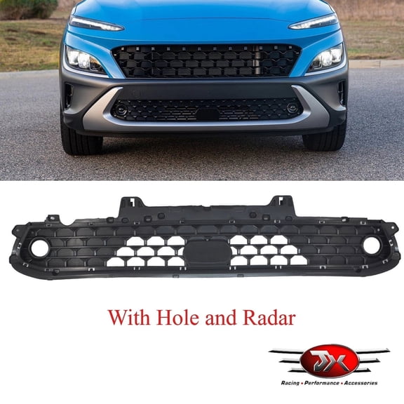 JX RACING Front Bumper Grille, with Hole and Radar, Compatible with 2022-2023 Hyundai Kona, Matte Black, ABS Plastic, 1-Pack
