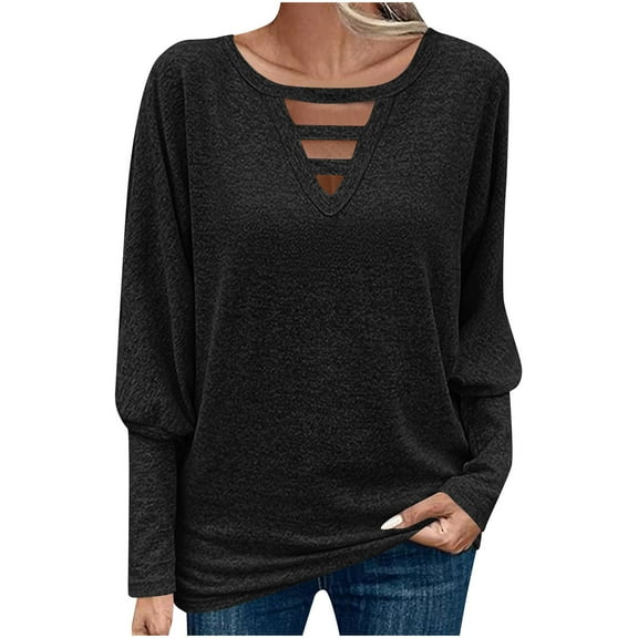 TKLPEHG Long Sleeve Womens Tops Loose Cutout V Neck Lantern Sleeve Tunic Tops Going Out Casual Fall Fashion Clothes (Black,XXXL)