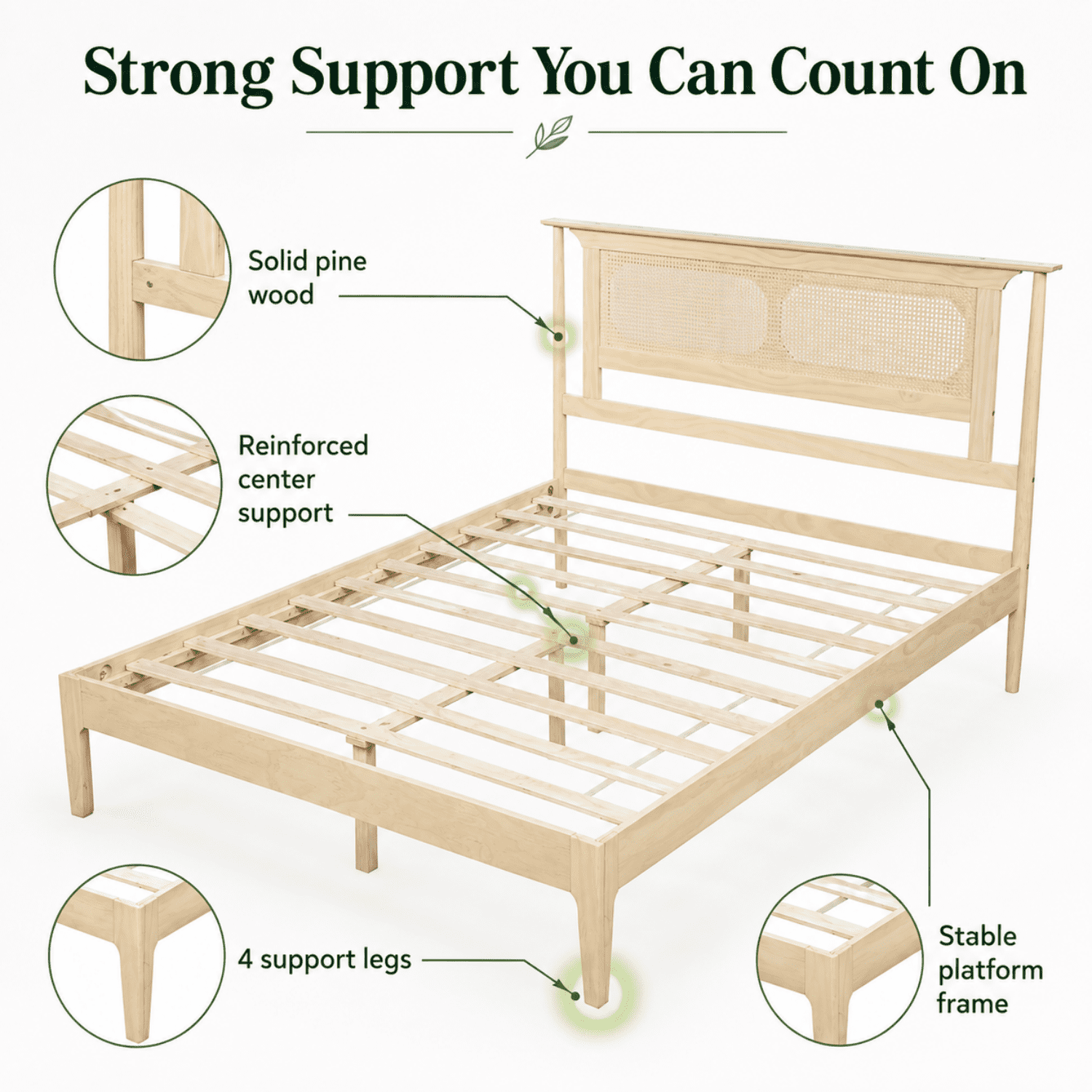 Miniyam Queen Bed Frame with PE Rattan Headboard, Pine Platform Bed, Natural