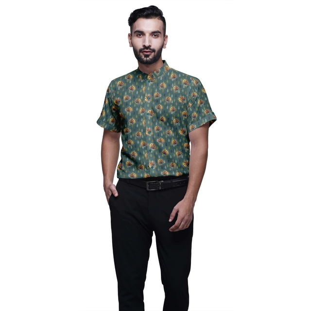 BESTMAN Printed Shirts For Men Short Sleeve Button Down Casual Cotton Shirt