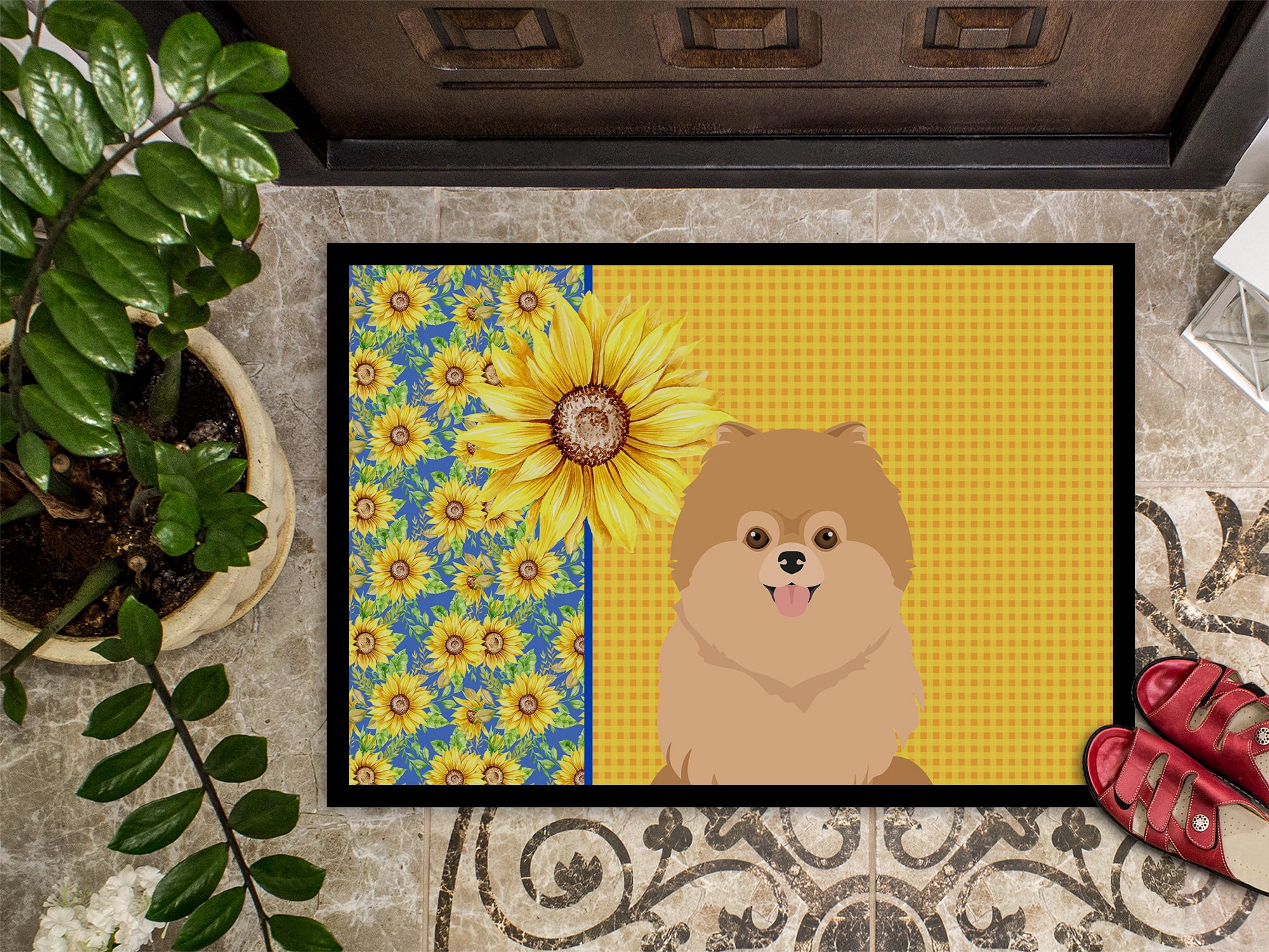 Summer Sunflowers Orange Pomeranian Indoor or Outdoor Mat 24x36 36 in x 24 in