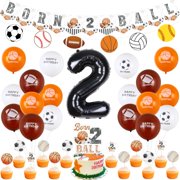 JOYMEMO Sports 2nd PriNst Birthday Decorations for Boys Girls - Born 2 Ball Banner Cake Topper, Cupcake Toppers, Football Soccer Basketball Printed Balloons, Sport Theme Birthday Party Supplies
