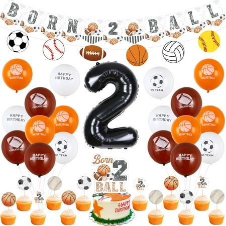 JOYMEMO Sports 2nd PriNst Birthday Decorations for Boys Girls - Born 2 Ball Banner Cake Topper, Cupcake Toppers, Football Soccer Basketball Printed Balloons, Sport Theme Birthday Party Supplies
