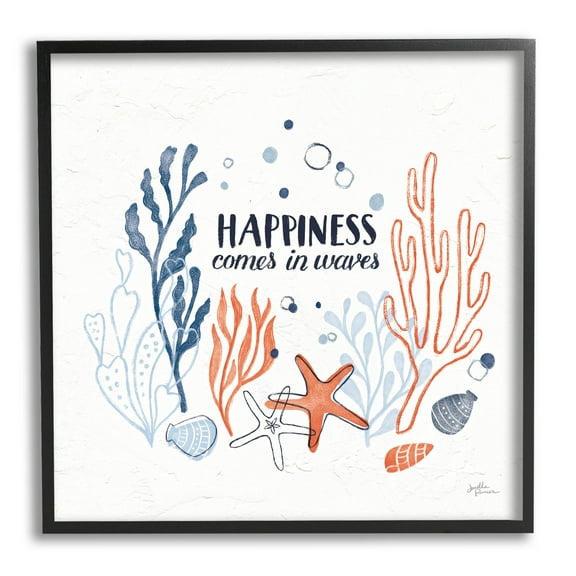 Stupell Industries Happiness Comes In Waves Sea Life Graphic Art Black Framed Art Print Wall Art, Design by Janelle Penner