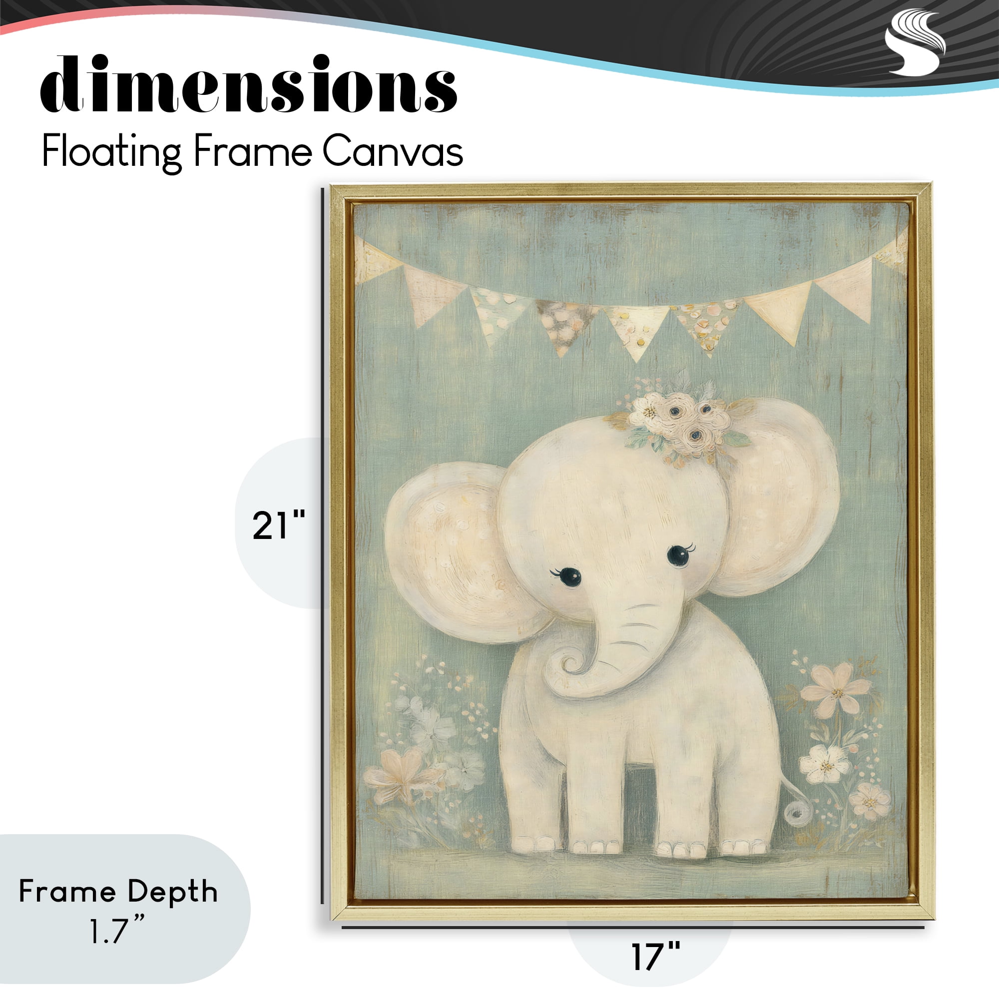 Stupell Industries Elephant with Overhead Banner Gold Framed Floater Canvas Wall Art, design by Ink Drop Loft