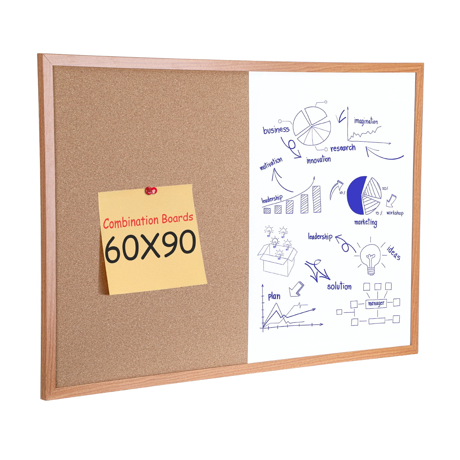 Sioweci Dry-Erase Cork Board Combo, Magnetic Whiteboard & Bulletin Board Combination, Wooden Frame Vision Board with Markers Push Pins for Office Home School,23.62" x 35.43"