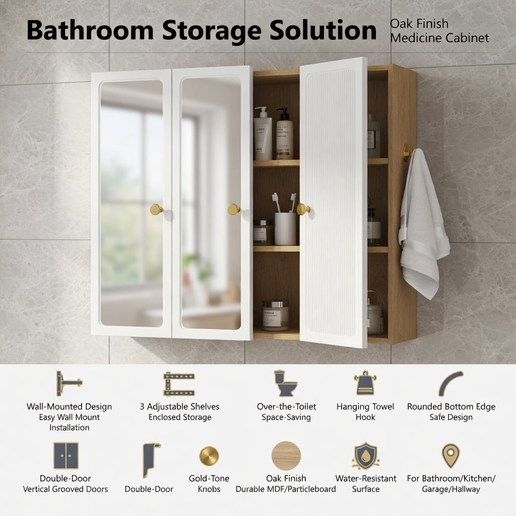 Hommoo Modern 3-Door LED Bathroom Medicine Cabinet with Anti-Fog Mirror, Soft White Lighting & Wall-Mounted Aluminum-Plastic Storage, White