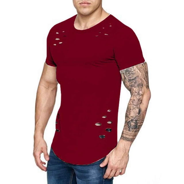 Camisetas de cuello redondo sueltas de color sólido rasgadas para hombre Camiseta de manga corta curvada ahuecada informal para hombre AweSitey FS7578-03