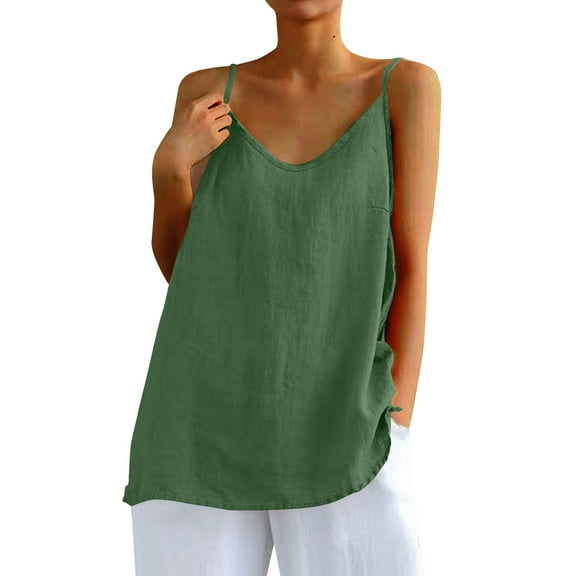 EHTMSAK Women's Linen Camisole Tank Top V-Neck Loose Casual Adjustable Strap Tops Green S